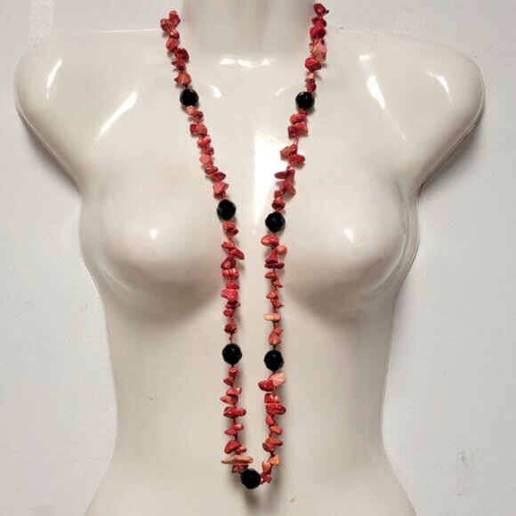 Coral Red and Black Chips and Bead Long Necklace - Picture 1 of 9